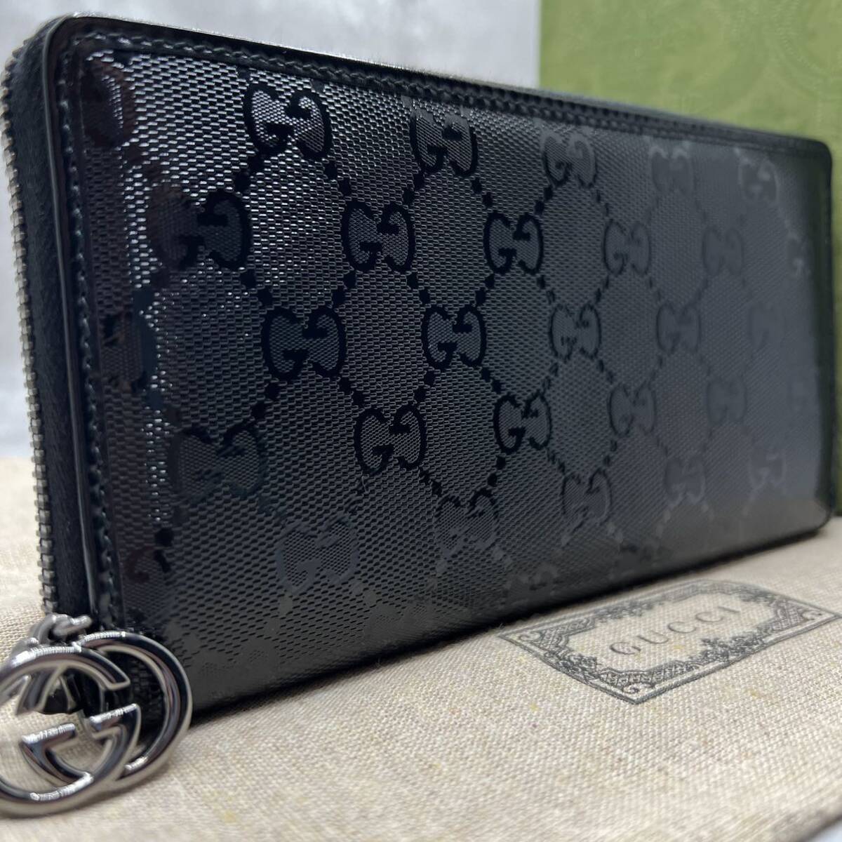 【極美品】グッチ GUCCI 長財布 ラウンドファスナー GG インプリメ インターロッキング レザー ブラック 黒 メンズ ビジネス _画像1