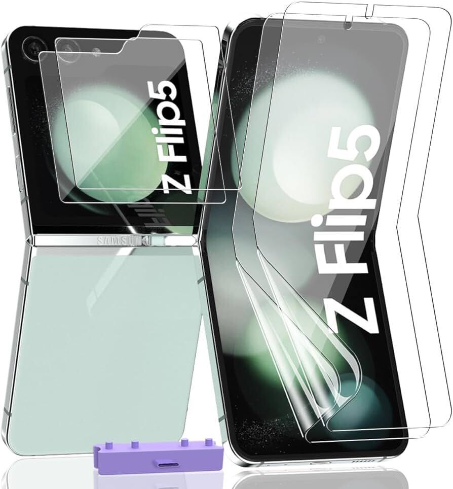 2308178☆ 【4枚セット】For Galaxy Z Flip5 フィルム(2枚) + ガラスフィルム 背面(2枚) AnnhanT 柔軟性TPU制 24時間自動修復技術_画像1