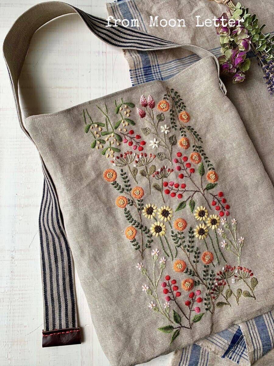 ★ハンドメイド・リネン・お花刺繍・縦長・ワンハンドルのトートバッグ_画像1