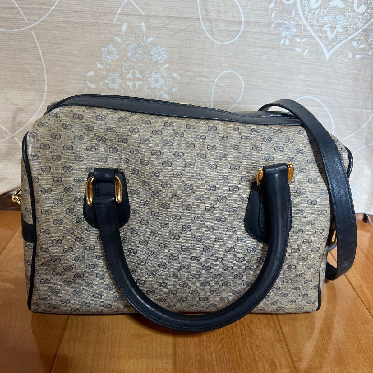 中古 GUCCI グッチ GG柄 GGキャンバス×レザー 2WAY ショルダー ハンドバッグ ミニボストン ネイビー 0027617_画像2