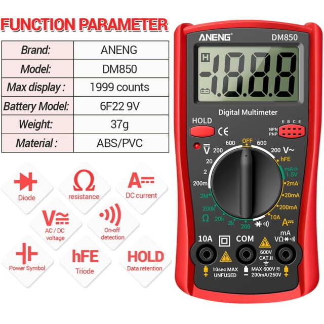 P 高機能デジタルテスター レッド デジタルマルチメータ電気自動AC/DC 電流 電圧 抵抗 計測 電圧電流測定器　デジタルディスプレイテスター_画像7