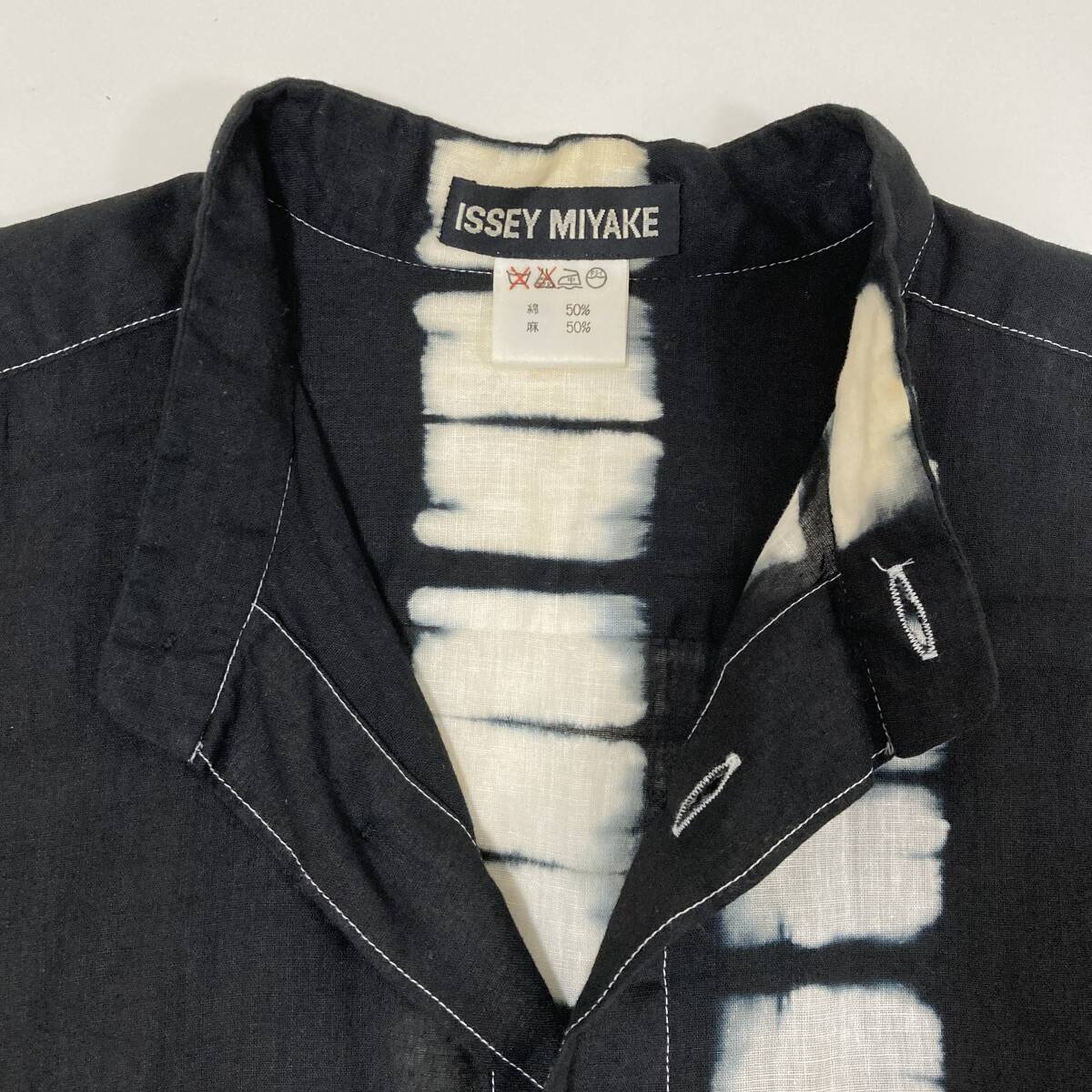 90s 黒タグ ISSEY MIYAKE MEN リネン ブリーチ加工 絞り染め スタンドカラー 長袖 シャツ Mサイズ イッセイミヤケ VINTAGE archive 3120400_画像5