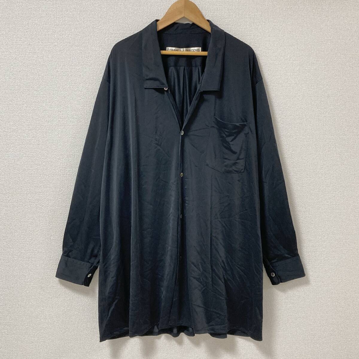 80s COMME des GARCONS オーバーサイズ ポリ オープンカラー 長袖シャツ 黒 コムデギャルソン 開襟 ブラウス VINTAGE archive 4020226