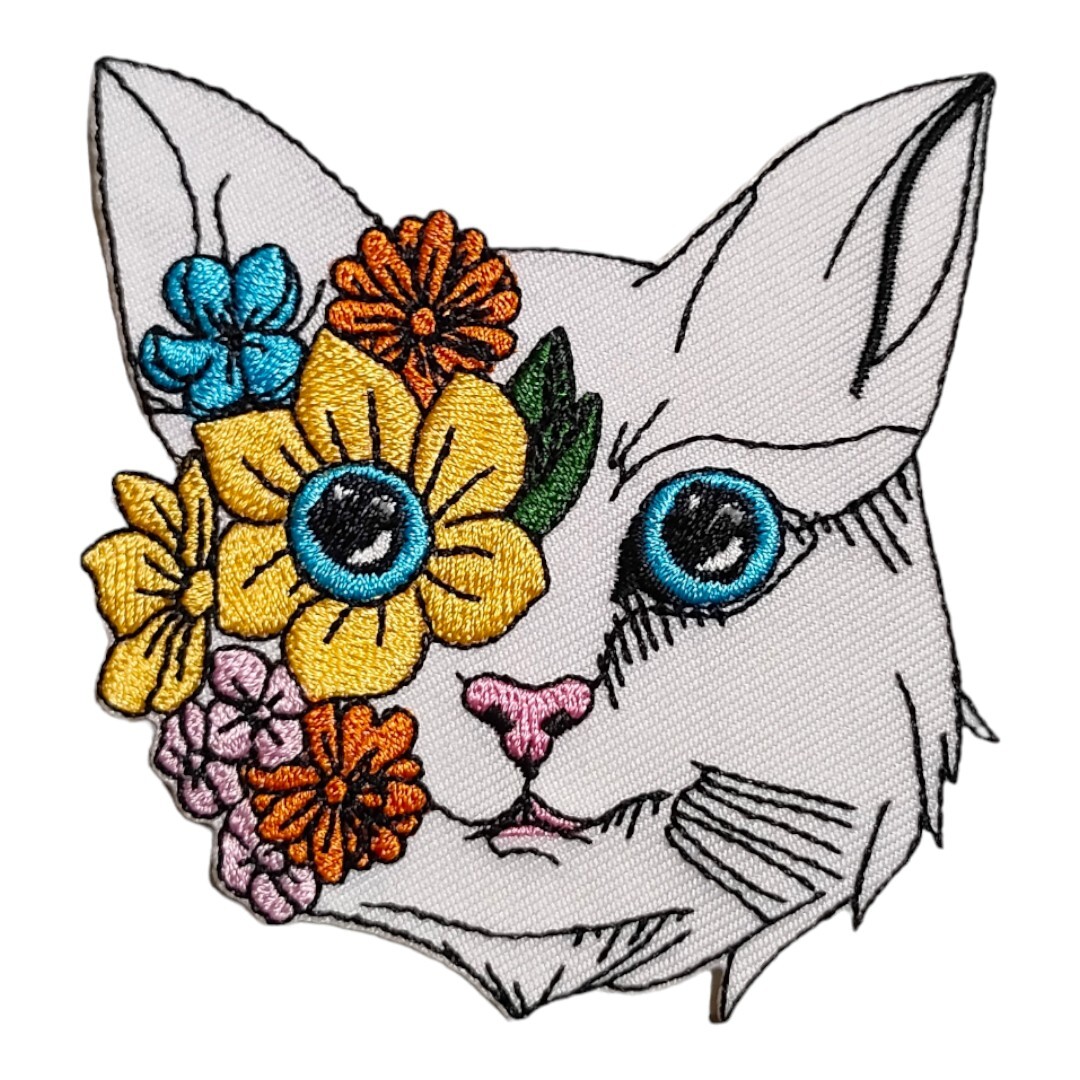 D-56【 アイロンワッペン 】 刺繍ワッペン アップリケ リメイク 猫 ネコ cat キャット 花 フラワー Flower アイロンワッペン patch パッチの画像1