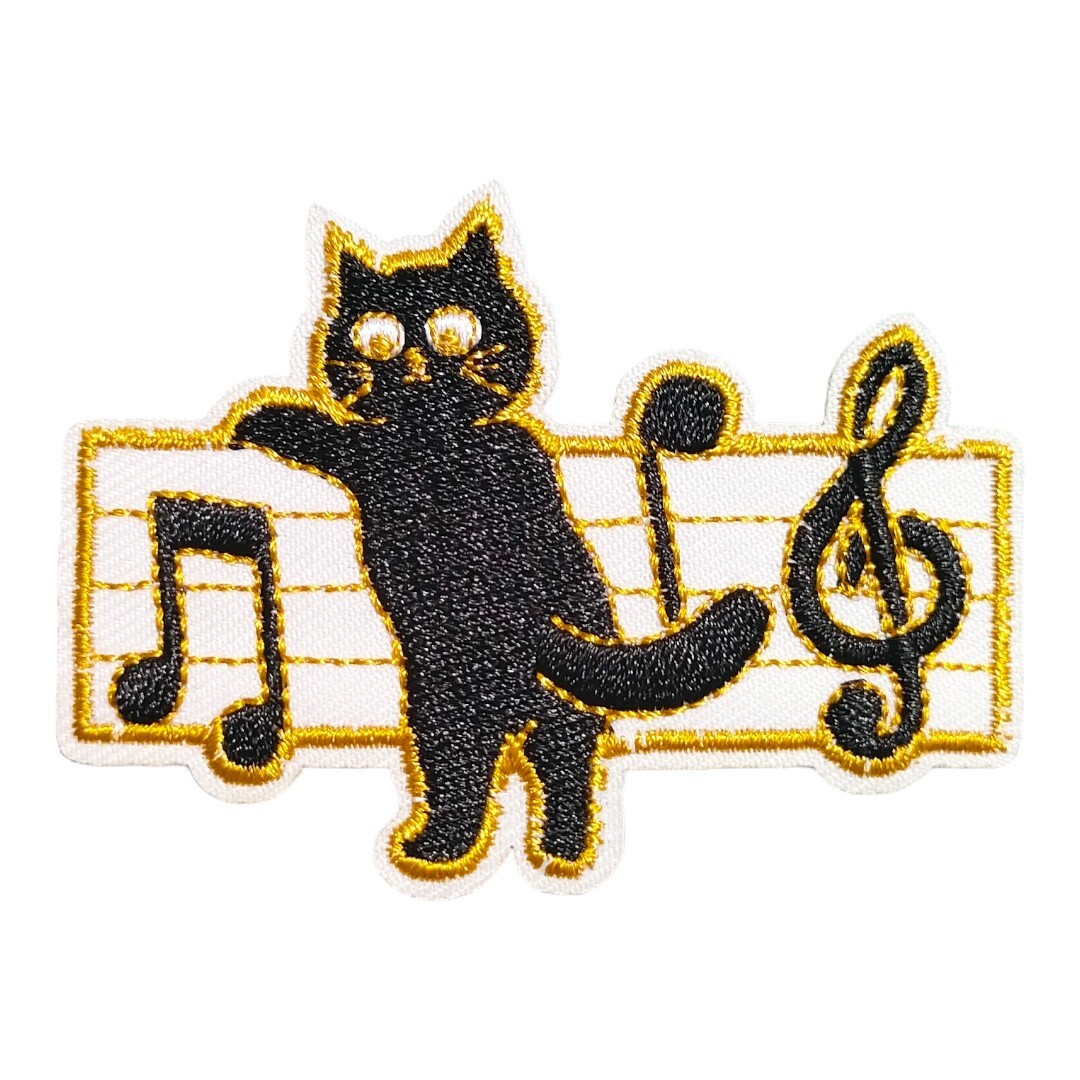 D-41【 アイロンワッペン 】 刺繍ワッペン アップリケ リメイク 猫 ネコ cat キャット 音楽 Music 音符 アイロンワッペン ワッペン patchの画像1