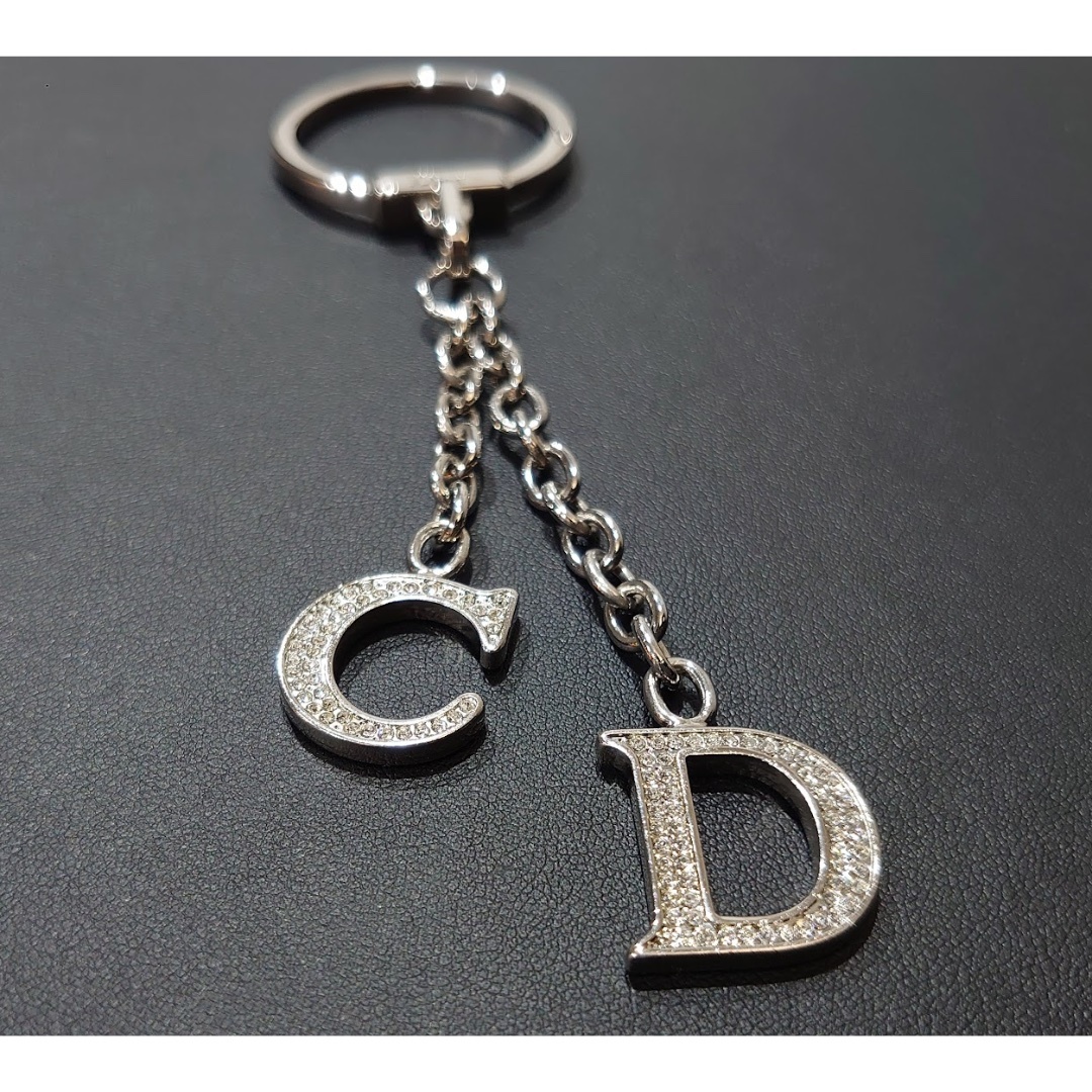 [ rare ]Christian Dior CD Christian Dior CD Logo rhinestone charm bag charm key holder silver [ free shipping ]