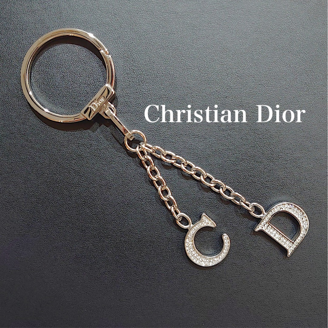 [ rare ]Christian Dior CD Christian Dior CD Logo rhinestone charm bag charm key holder silver [ free shipping ]