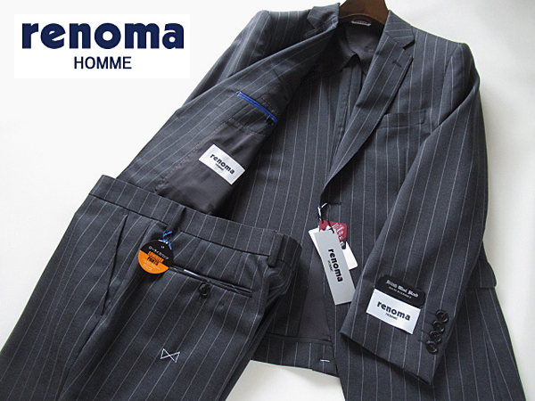 新品◆春夏★レノマ renoma HOMME British Wool Blend BULKY&DURARBLE ウールスーツ A5 グレー ストライプ柄_画像1