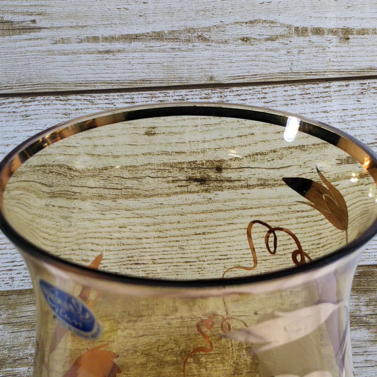 BOHEMIA ボヘミアグラス 金彩花紋アンバー ガラス製 花瓶 フラワーベース の画像5