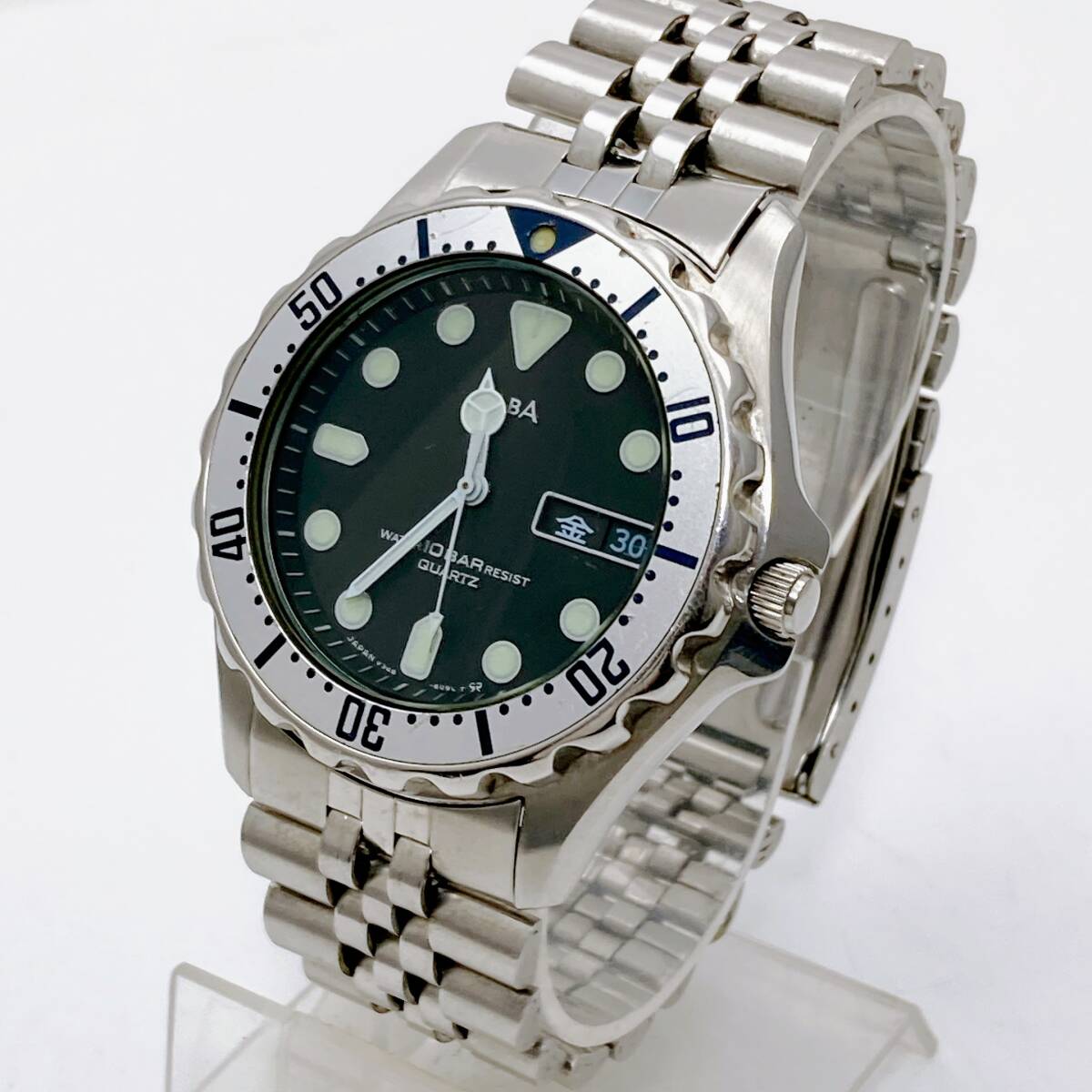 【即決 / 送料185円】 SEIKO ALBA V348-6090 日本製 10気圧防水 ダイバーウオッチ風 デイデイト 大きく見やすい メンズ腕時計 No.40301-1_画像2