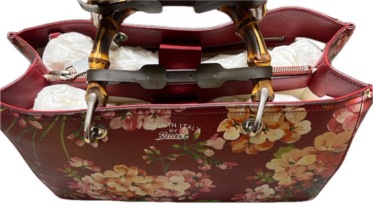 GUCCI  バンブー ブルームス 花柄 2WAY ショルダー ハンドバッグ 赤 ハンドバッグ  トートバッグ 本革 和装バッグ 