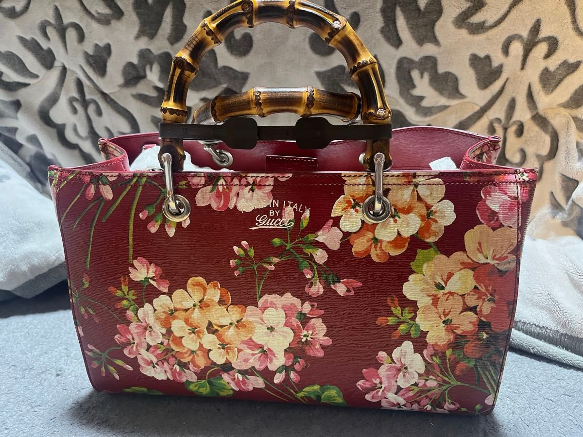 GUCCI  バンブー ブルームス 花柄 2WAY ショルダー ハンドバッグ 赤 ハンドバッグ  トートバッグ 本革 和装バッグ 