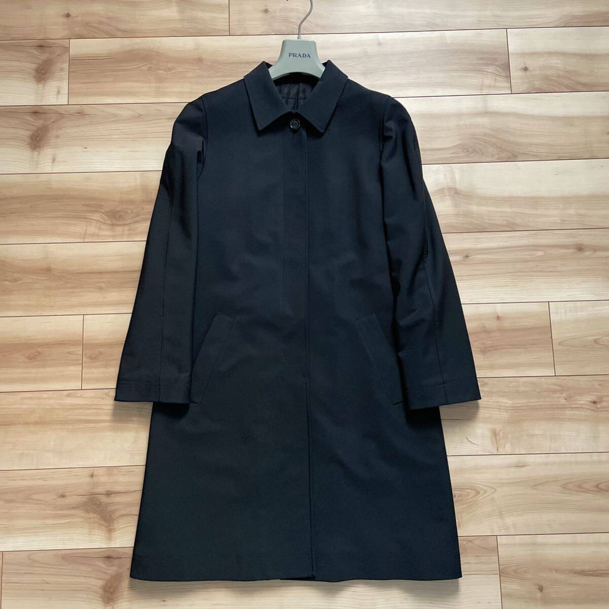 【送料無料】90s PRADA ARCHIVE Quilt Lining nylon Balmacaan Coat 黒 42 プラダ アーカイブ ナイロン バルマカーンコート ステンカラー_画像1