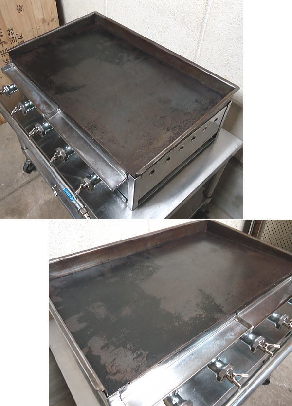 ★中古 税込 業務用 プロパンガス LPガス用 枠付き 鉄板焼き機 グリドル グリラー 75x45cm 板厚9mm バーナー5本仕様 ガス管メンテ済 汚焦有_画像3