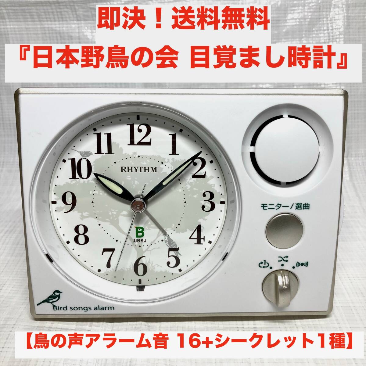 ★即決 送料無料 日本野鳥の会 目覚まし時計 アナログ クロック 鳥の声アラーム音 16+1種 鳥のさえずり 音声 スイープ秒針 連続秒針 自然音_画像1