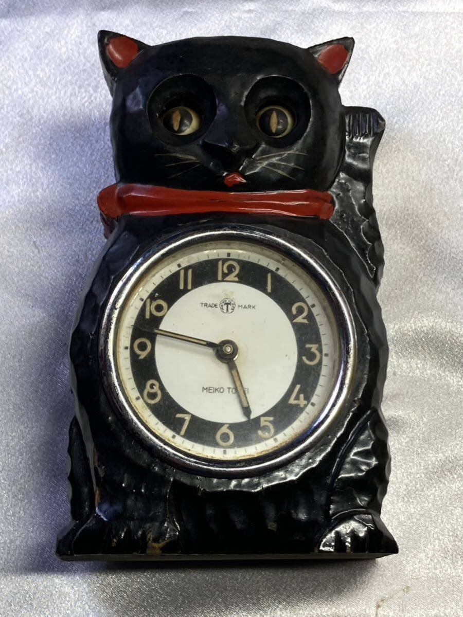 昭和アンティーク MEIKO CLOCK 目玉時計 黒猫 機械式TEZUKA 木彫 ジャンクの画像1