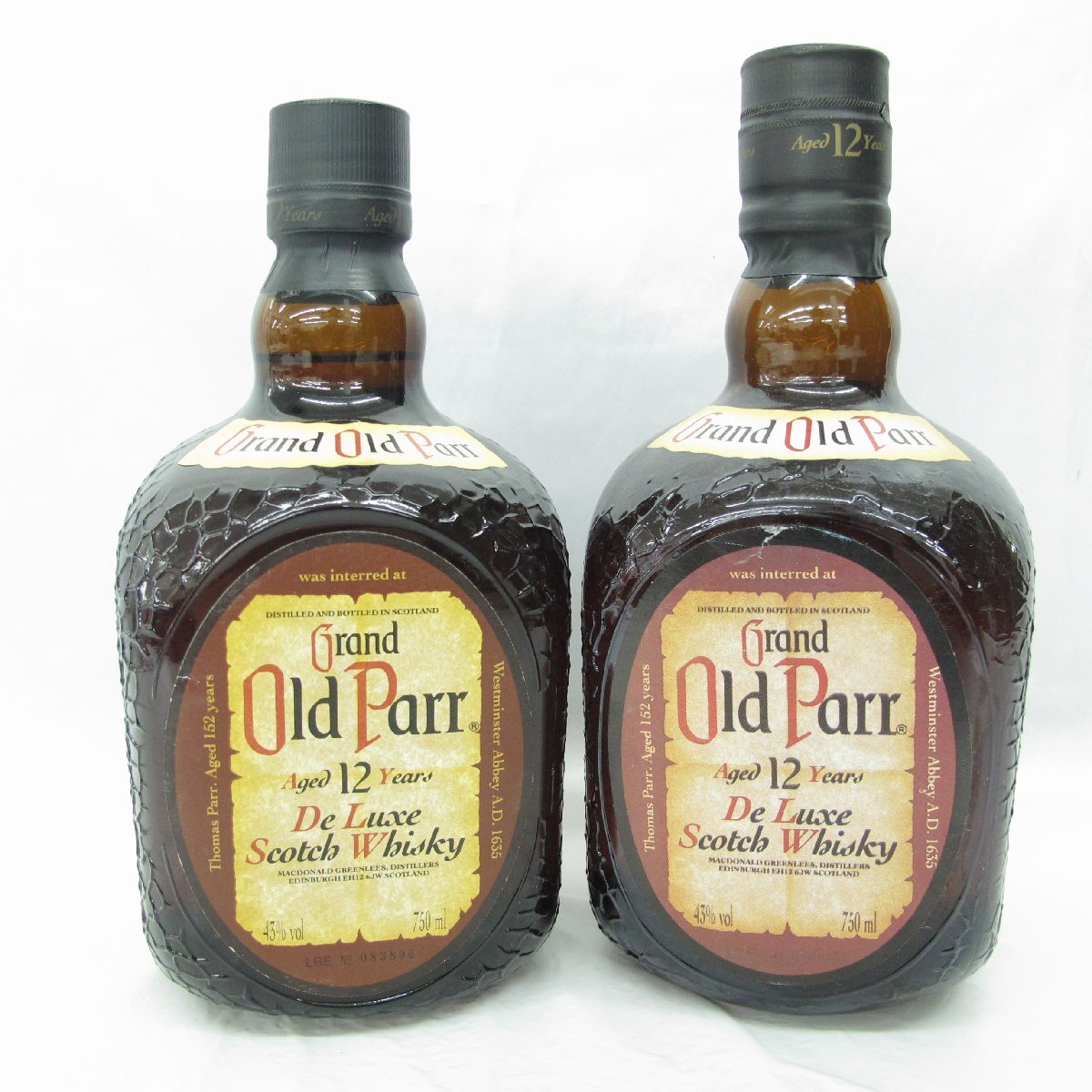 1円～【未開栓】Grand Old Parr グランド オールドパー 12年 デラックス 2本 まとめ売り ウイスキー 750ml 43% ※同梱不可 11528976 0322の画像1