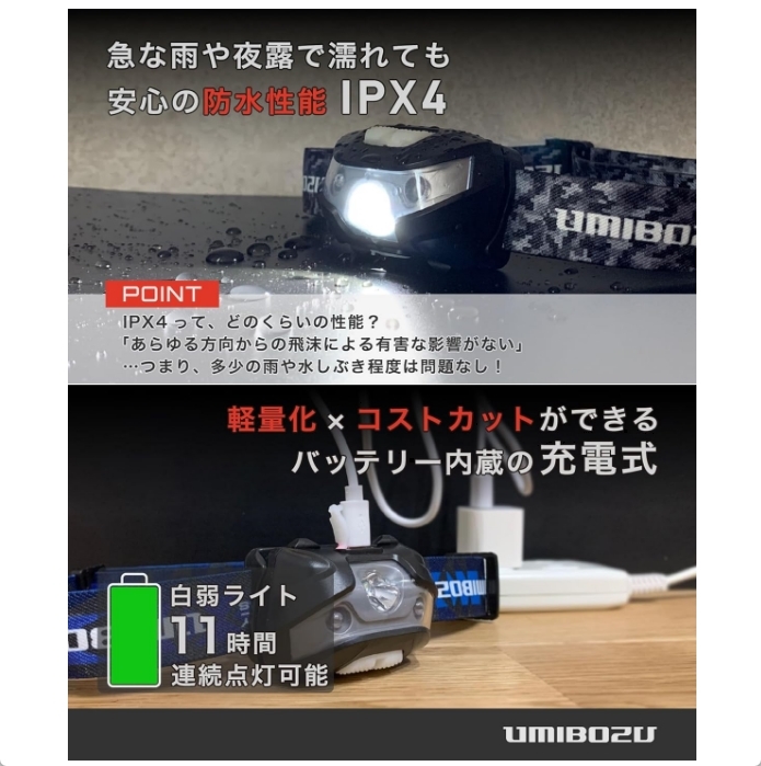 Umibozu ウミボウズ ヘッドライト LED 白 ／ 赤 釣り USB充電式 防水 超軽量 迷彩ブラック 新品 送料込みの画像4