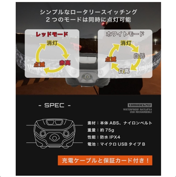 Umibozu ウミボウズ ヘッドライト LED 白 ／ 赤 釣り USB充電式 防水 超軽量 迷彩ブラック 新品 送料込みの画像6