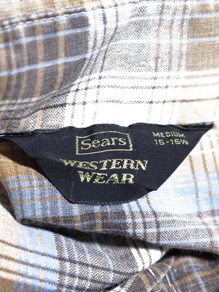 Sears シアーズ チェック 長袖ウエスタンシャツ Mの画像3