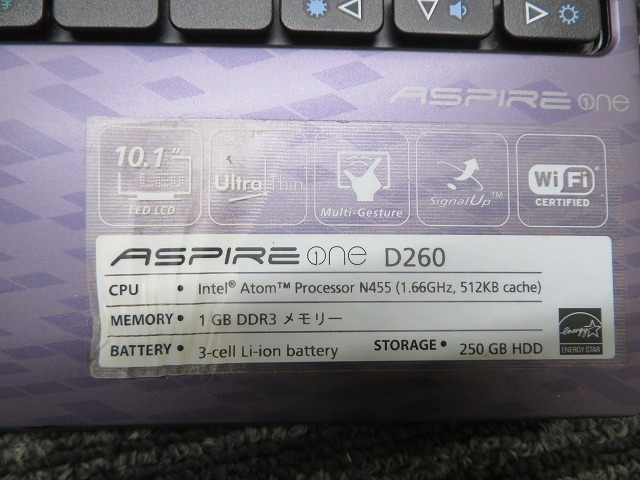 Acer AOD260 ノートパソコン ASPIRE ONE D260 Intel(R)Atom(TM)CPU N455 1.66GHｚ Win7 Starter アダプタ付 ◎作動品の画像7