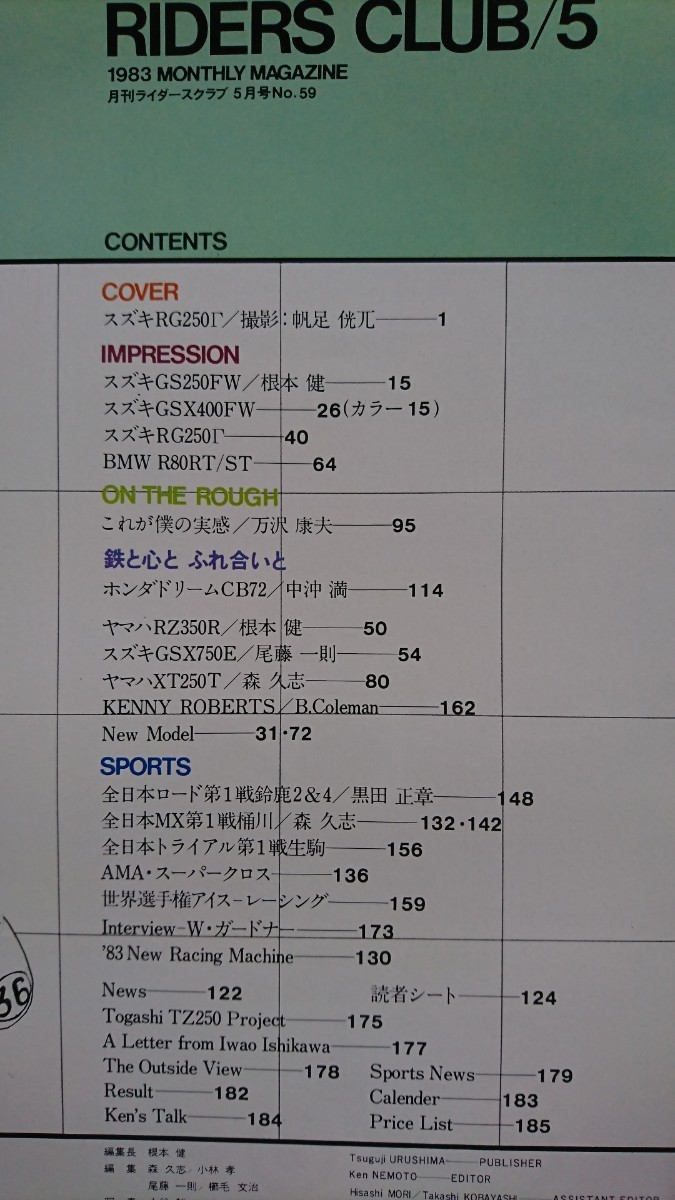 ライダース クラブ 1983年5月号 NO.59 特集 「スズキGS250FW/GSX400FW/RG250Γ/GSX750E/BMWR80RT/ST/ヤマハXT250T/RZ350R」_画像2