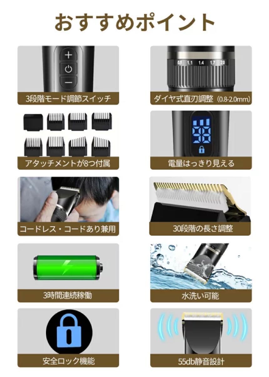 バリカン ヘアカッター 充電式 水洗い 家庭用 コードレス 自動研磨 0.8-12mm対応 30段階調整 7種類アタッチメント