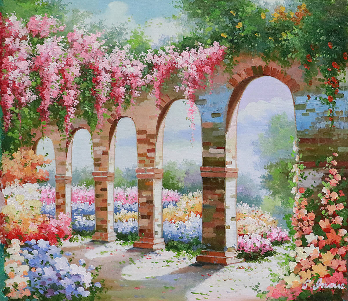 ルノワールやモネを彷彿とさせるゴージャス最高傑作 作者不詳１０号花園の理想郷 印象派を思わせる優雅な画風がまるで夢のような雰囲気をの画像2