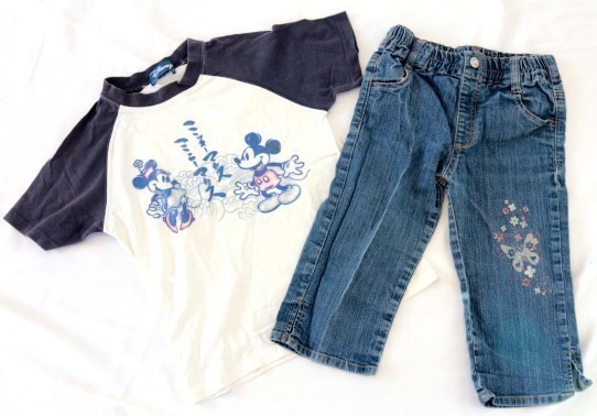 ns11 ■ Disny ディズニー ■他 女の子 キッズ Tシャツ クロップドパンツ デニム ウエストゴム ２枚セット 青色 ブルー ミッキーミニー 130_２枚
