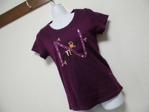 assk6-1291☆　■■C.D.S/CLEF DE SOL■■　スパンコール付き半袖Tシャツ　刺繍　丸首　トップス　パープル　Lサイズ　綿混素材　_画像1