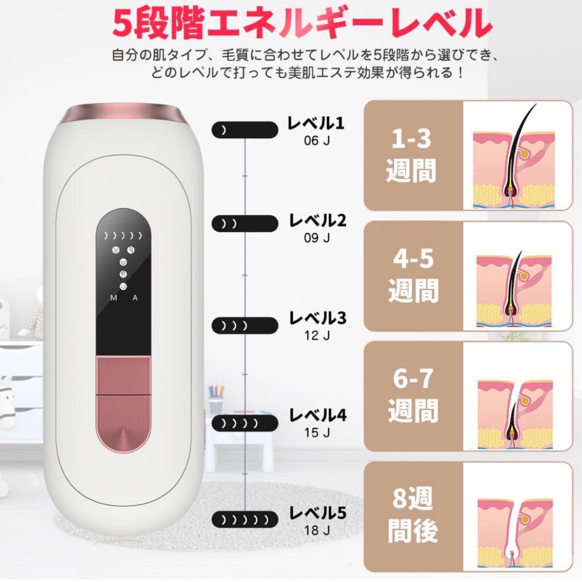 脱毛器 IPL 光脱毛器 VIO対応 家庭用 全身脱毛器 5段階調節 ホワイト 軽量 コンパクト 