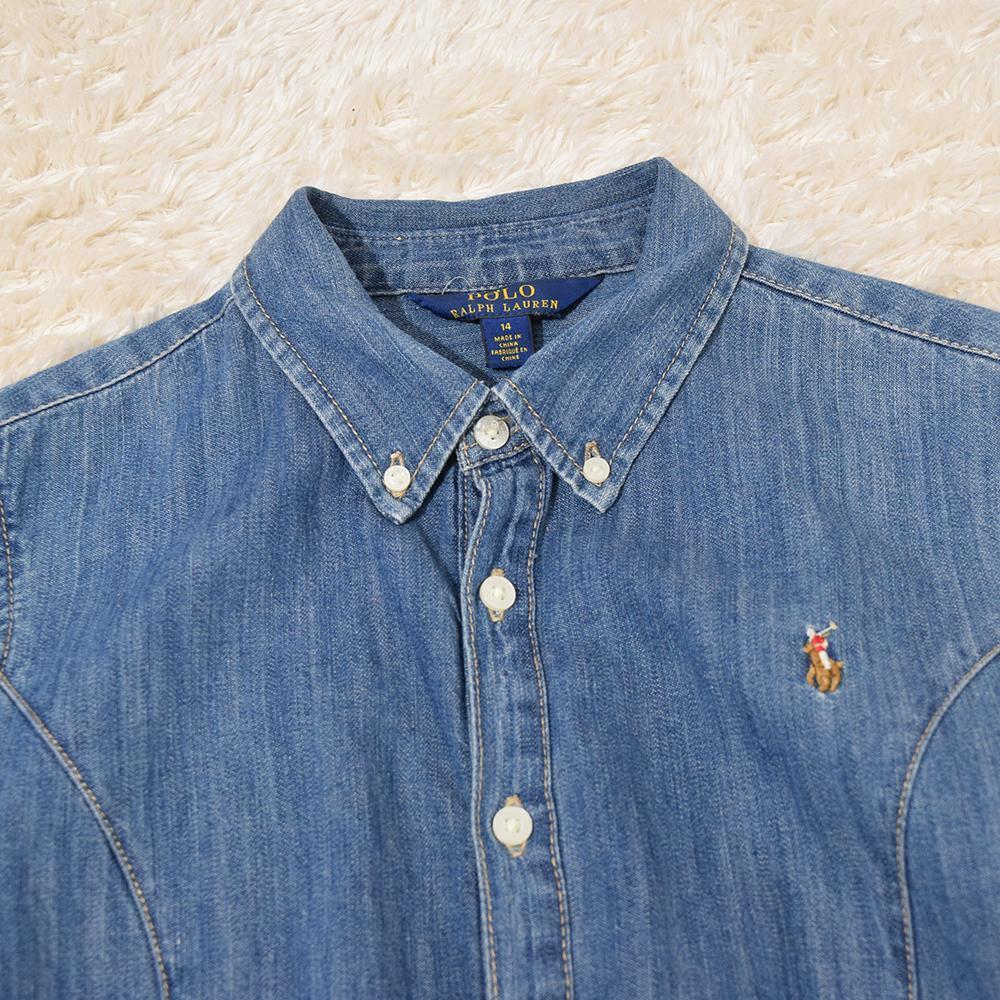 現行 ラルフローレン POLO RALPH LAUREN ポニー刺繍 ユーズド加工 ダンガリー デニム シャツワンピース 14 （大人XS）ギャザー _画像2