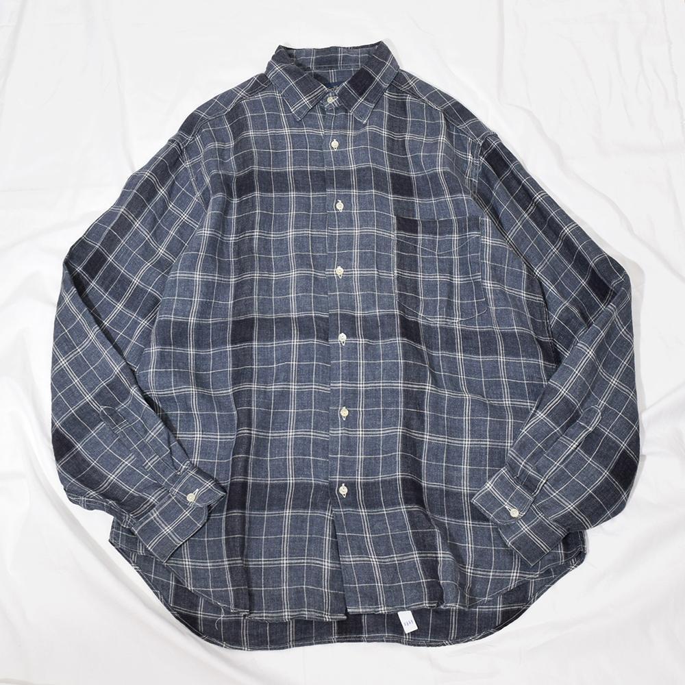 80s 90s イタリア製 New England vintage linen big shirt 麻100％ リネン ビッグシャツ チェック ネイビー L-XL オールド ビンテージ 古着_画像7