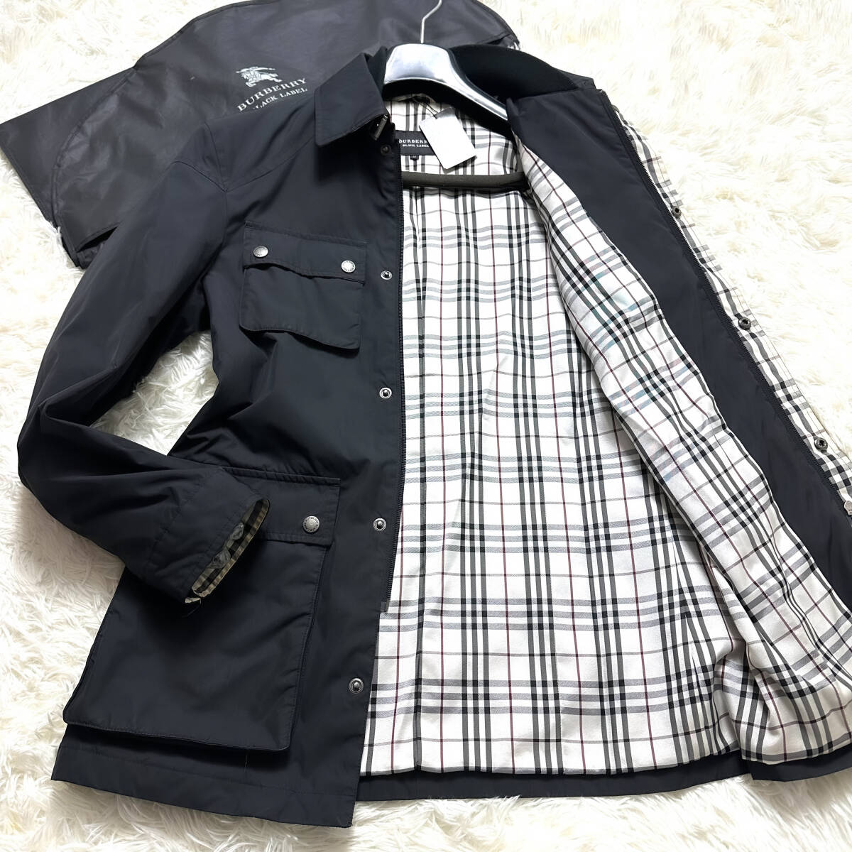 絶版美品BURBERRY BLACKLABELミリタリージャケットL~M黒ノバチェック柄ナポレオンコートハーフステンカラブラレバーバリーブラックレーベル_画像1