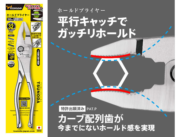 ホールド プライヤー 3段階口開き調整 パイプ径32mm 平行溝 切断 メッキ仕上げ 燕製造 日本製 ツノダ PLC-200U ネコポス 送料無料_画像3