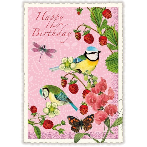 バースデーカード いちご と 小鳥 ドイツ 製 ポストカード アオガラ Happy Birthday ラメ グリーティングカード 絵はがきの画像1