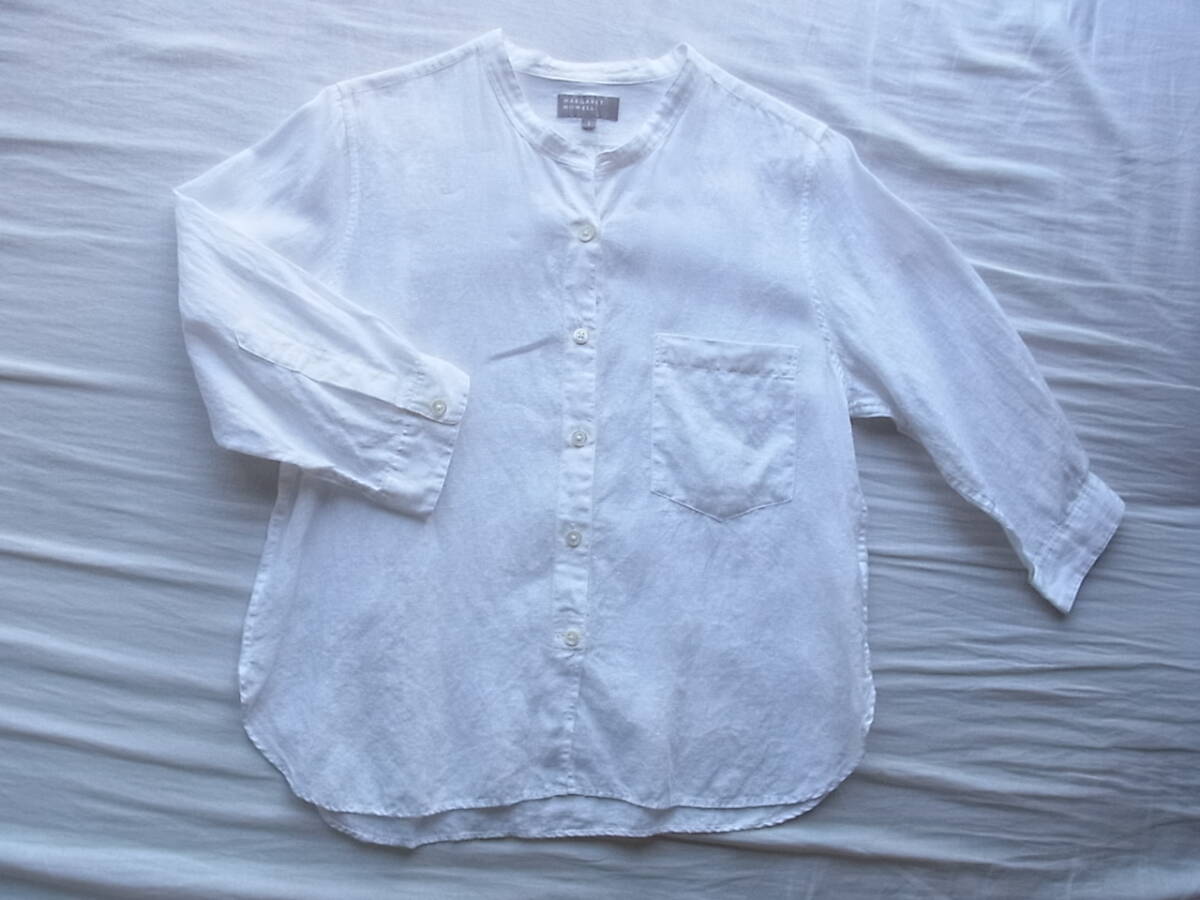 MARGARET HOWELL マーガレットハウエル　リネン100% 七分袖　バンドカラーシャツ　サイズ Ⅰ 日本製　ホワイト_画像1