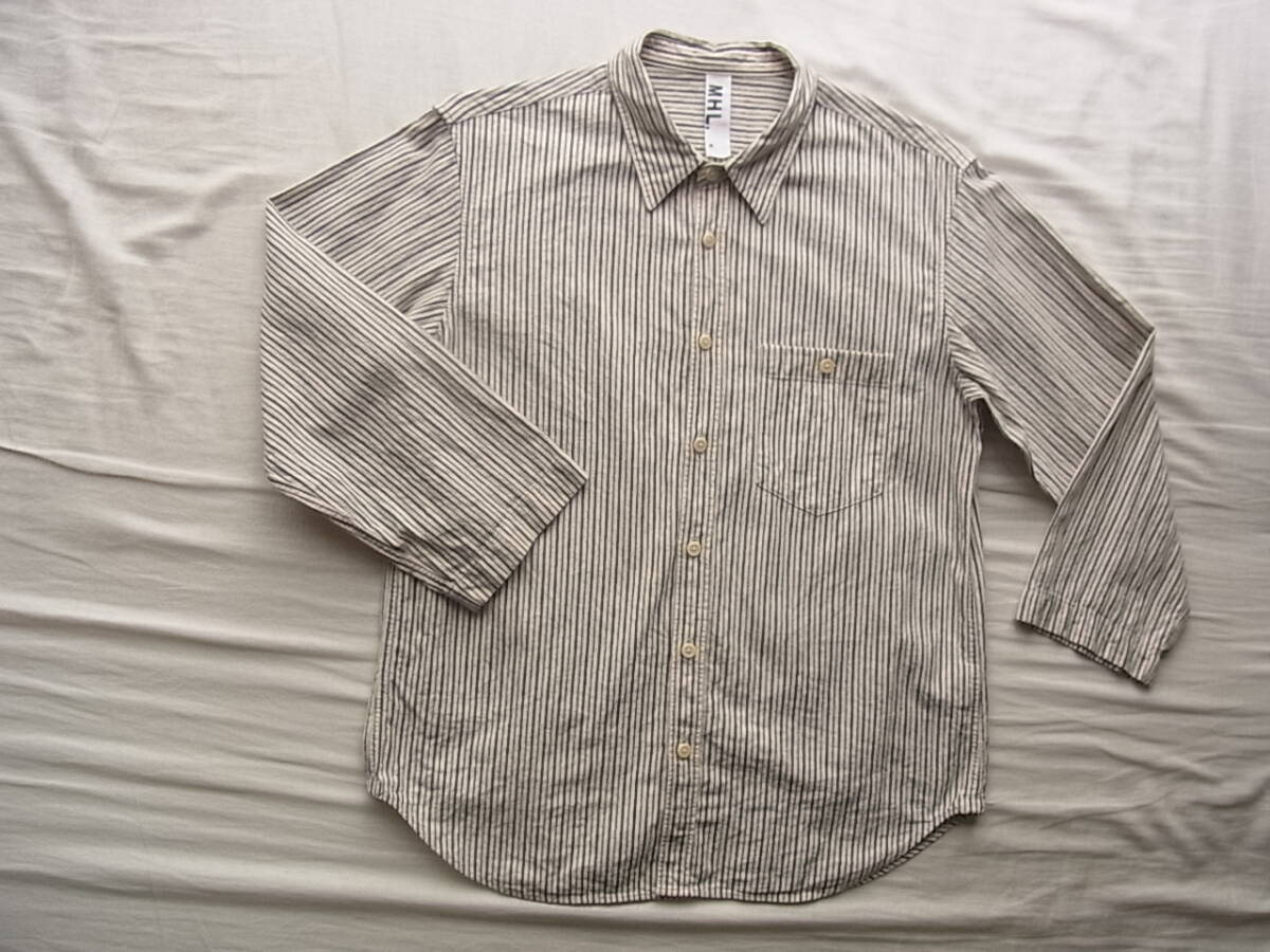 M H L, マーガレットハウエル　コットンリネン　ストライプ柄　七分袖ワークシャツ　サイズ M 日本製