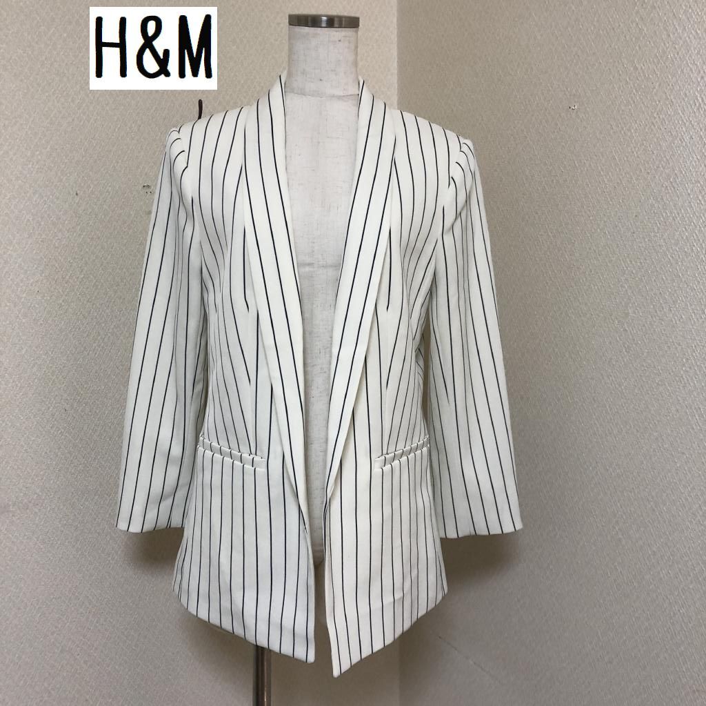 H&M レディース　ジャケット　オフィス　ショールカラー ストライプ 40号 L 　ホワイト_画像1