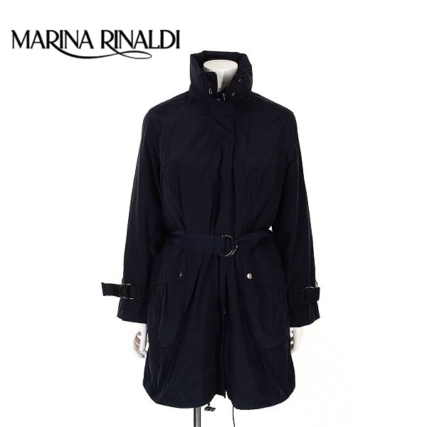 A5581/美品 秋冬 MARINA RINALDI マリナリナルディ 光沢 撥水 フード 中綿ライナー着脱 ロング 膝丈 スプリングコート 17 紺/レディース_画像1