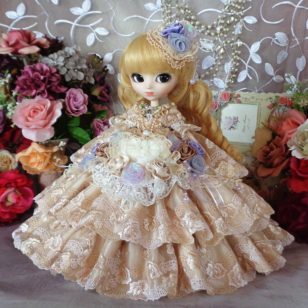 宮廷舞踏会の光輝 シャンパンカラーとパープルの花園 ボリュームフリルドールドレス★新品 ドールアウトフィット 着せ替え 1/6ドール 