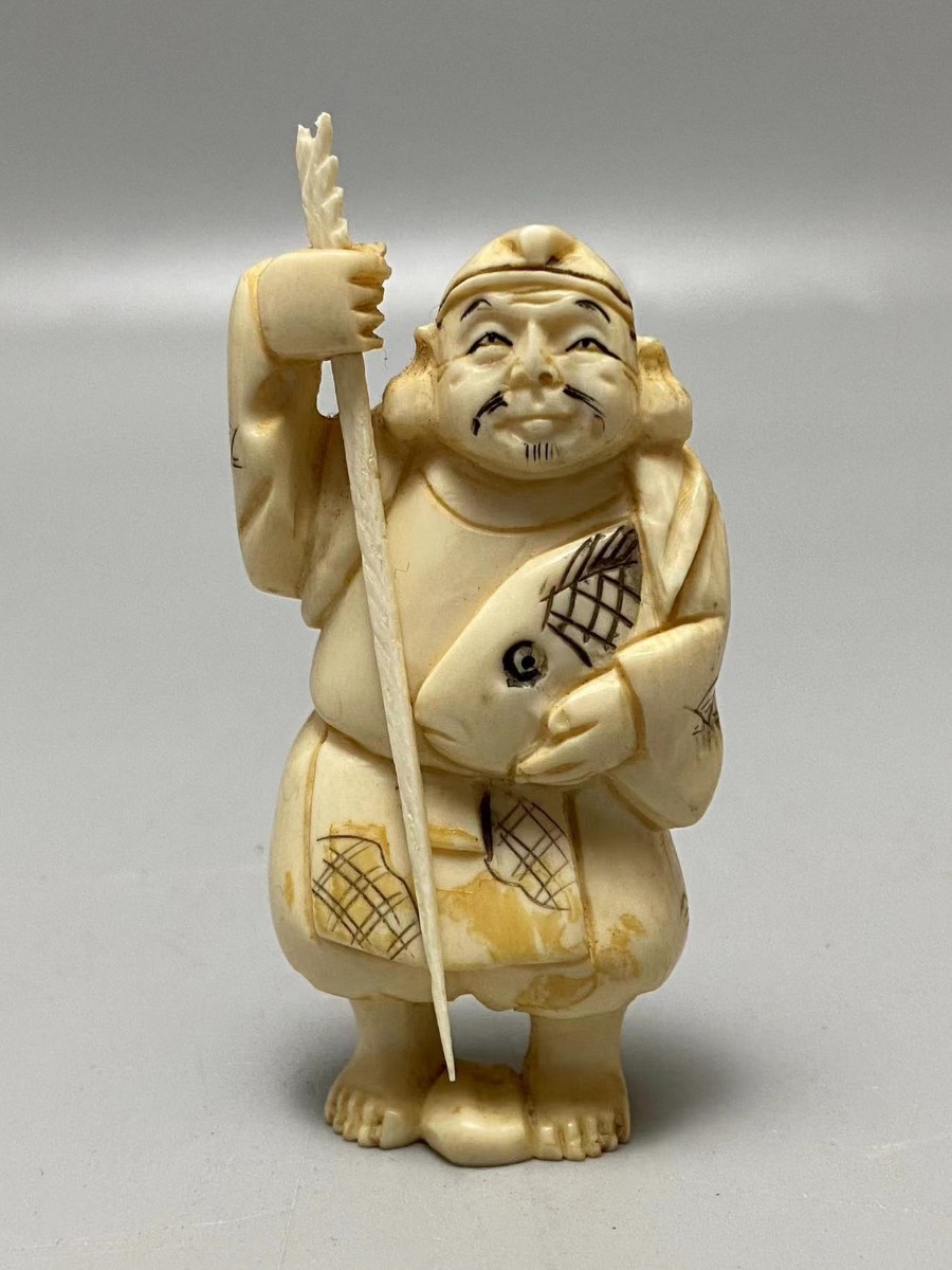 C067置物 7点 七福神 東洋彫刻 細密細工 縁起物 時代物 箱付 重257g a2_画像6