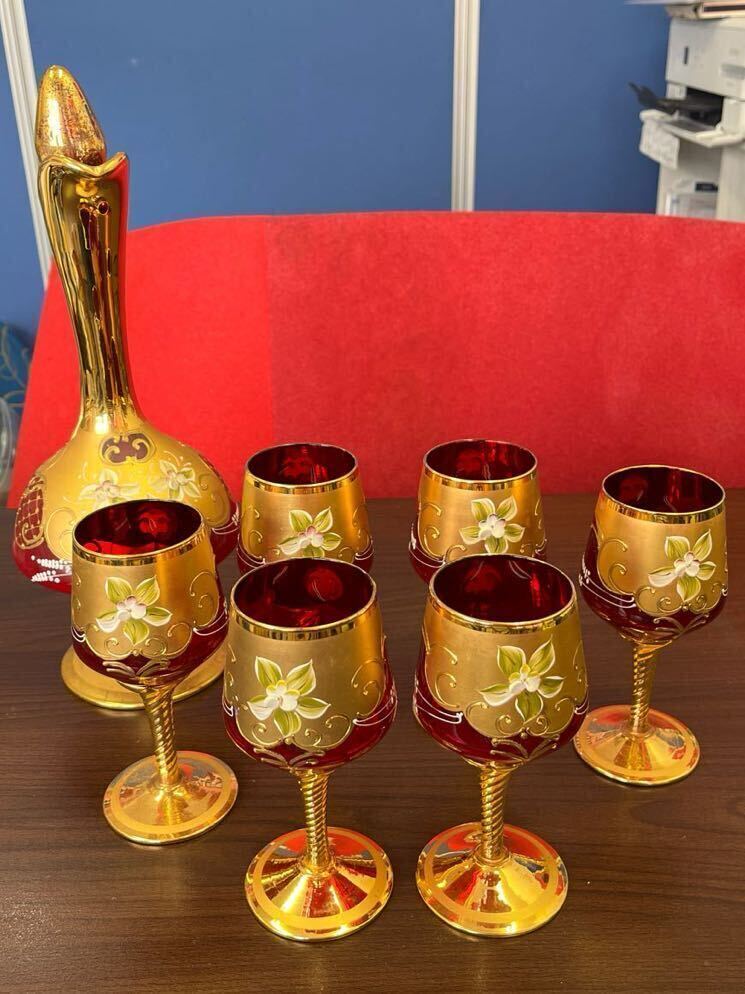 ベネチアンガラス デキャンタ (高さ35センチ)ワイングラス (高さ18センチ)の画像1