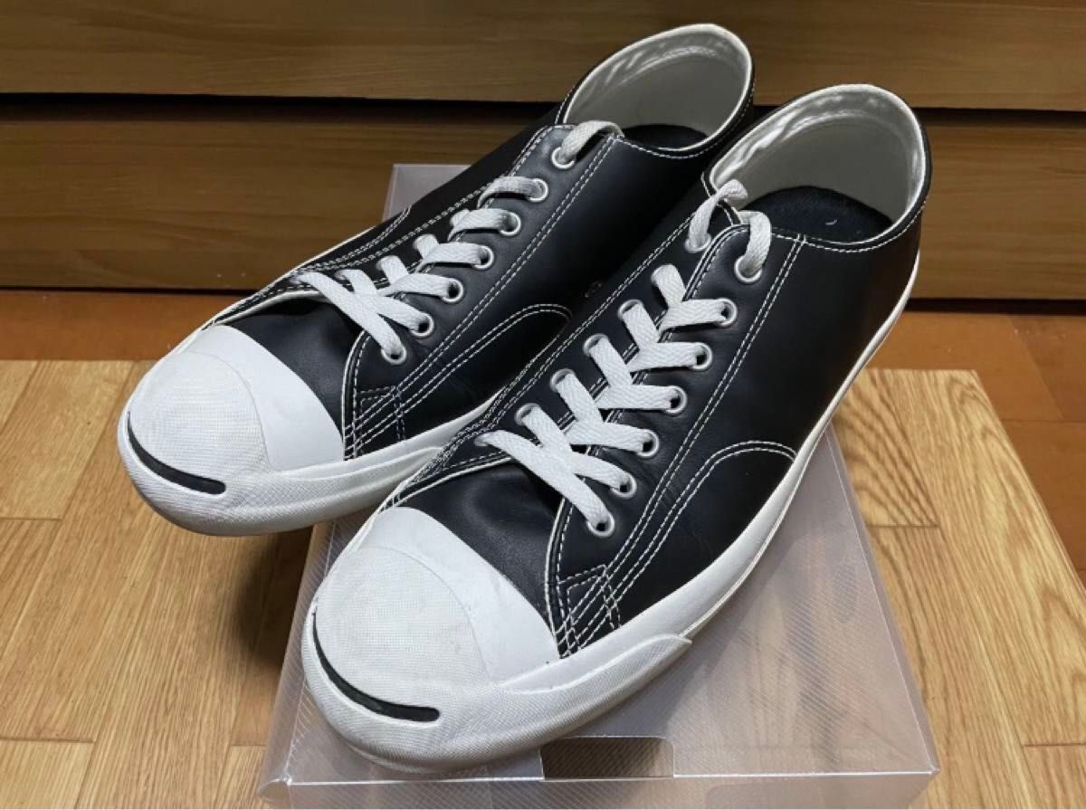 《新品》converseジャックパーセル黒レザーBLACK30.0ゴム靴紐交換済