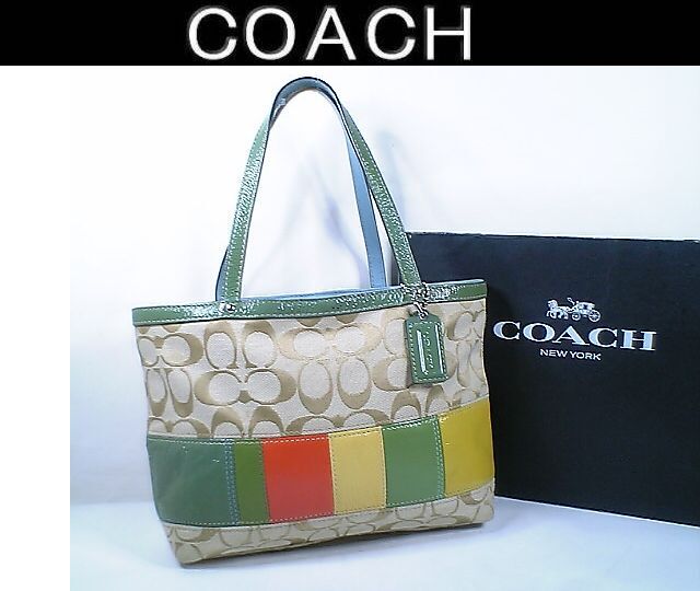 ★超美品！★COACH コーチ★とってもお洒落で可愛い♪シグネチャー マルチカラー ストライプ トートバッグ F71568 ■チャームプレート付■_画像1