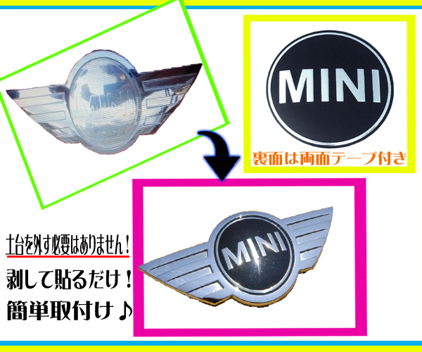 43㎜×２枚セット◇BMW MINI ミニ エンブレム フロント用 リア用 経年劣化 補修 リペア 定期交換 簡単取付け 湾曲加工 定形外郵便送無の画像1