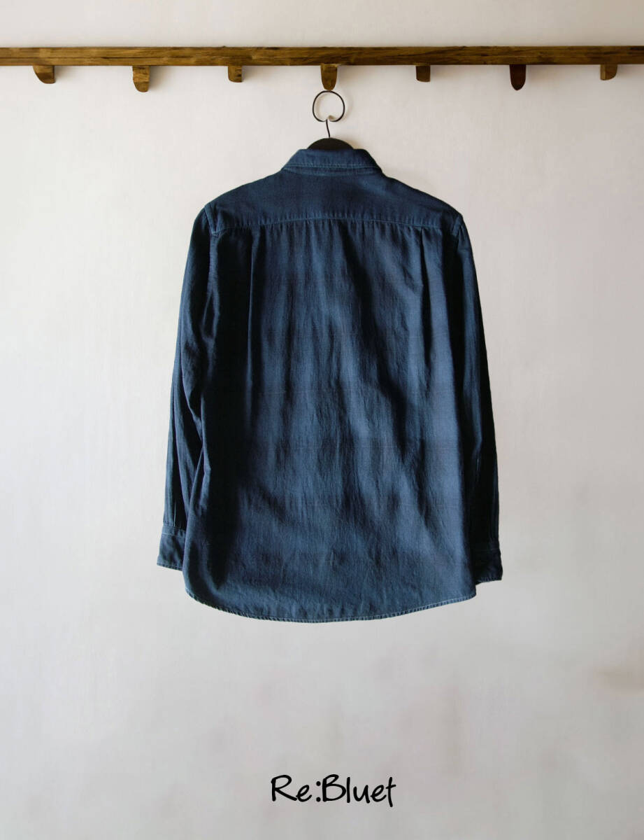 藍染メンズフランネルシャツRefurbished item Men's indigo dyed long sleeve flannel shirt plaid size S_画像2