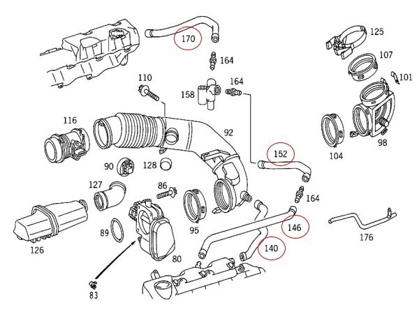 ベンツ R129 R230 ブローバイホース ブリーザーホース 4点セット SL320 SL350 SL500 SL55 1120180182 1120180282 1120180382 1120180482_画像2