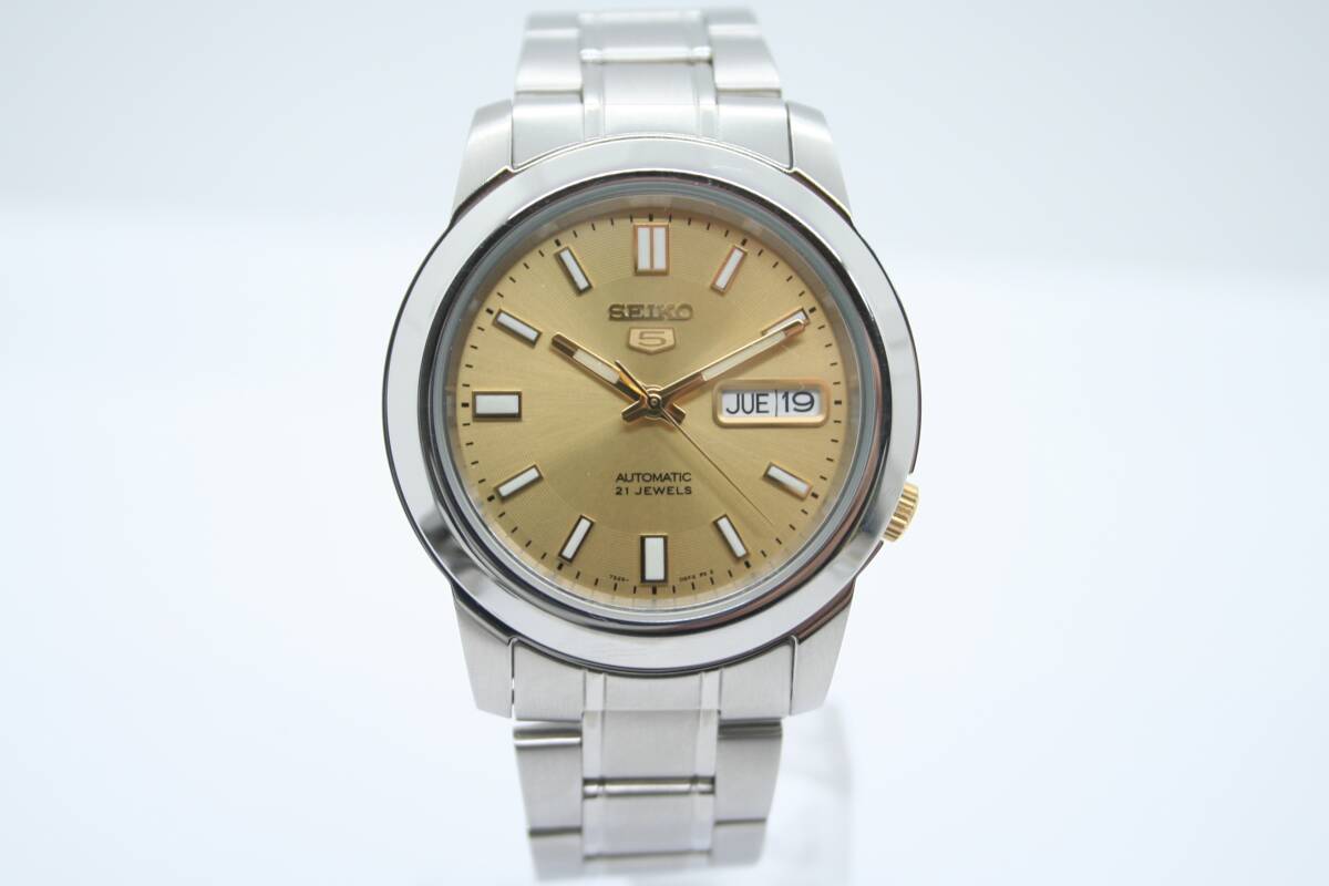 【美品 保障付 動作確認済】SEIKO 5 7S26-02W0 Automatic 21J Day Date Gold Dial Mens セイコー 5 自動巻 裏スケ メンズ 箱 保証書 #T210_画像2