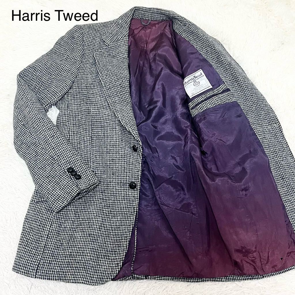 L位 ハリスツイード 【圧巻の裏地パープル】 Harris Tweed テーラードジャケット くるみボタン チェック 2B メンズ アウター グレー 40_画像1
